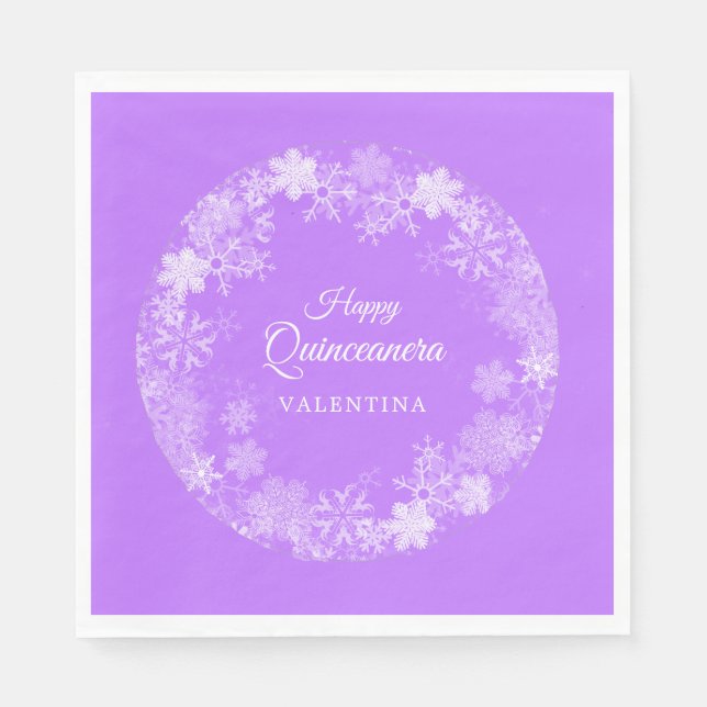 Quinceanera Winter Wonderland Snowflake Purple Napkin (Front)