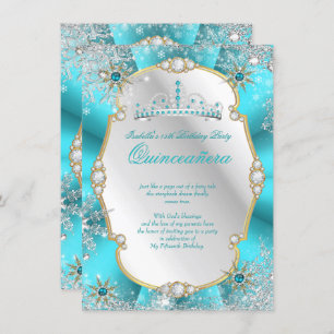 Quinceanera Winter Wonderland Teal Gold Silver Invitation