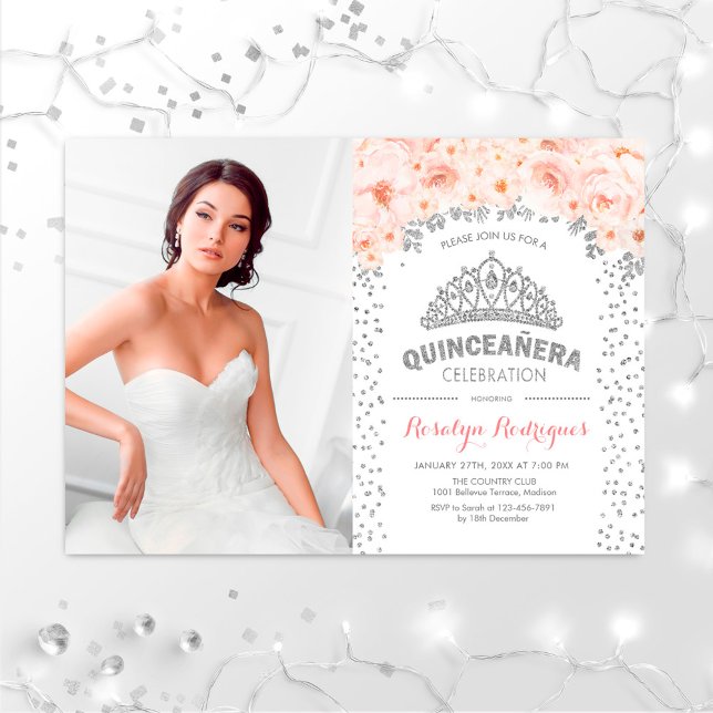 Quinceanera With Photo - Silver Pink Floral Invitation (Creator Uploaded)