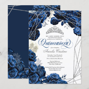 Quinceañera with Royal Navy Blue Roses and Tiara   Invitation