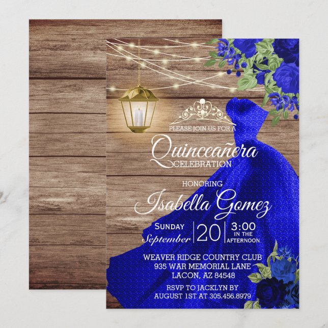 Quinceañera Wood and Dark Blue Flowers Invitation (Front/Back)