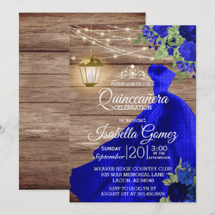 Quinceañera Wood and Dark Blue Flowers Invitation