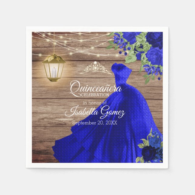 Quinceañera Wood and Dark Blue Flowers Napkin (Front)