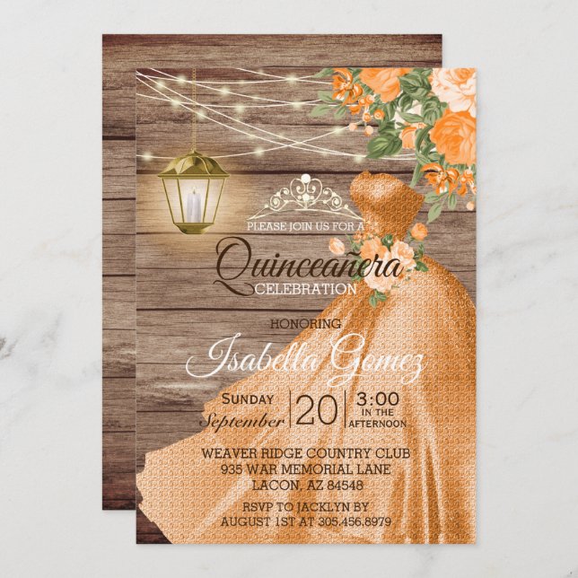 Quinceañera Wood and Orange Flowers Invitation (Front/Back)