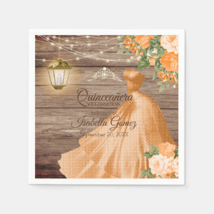 Quinceañera Wood and Orange Flowers Napkin