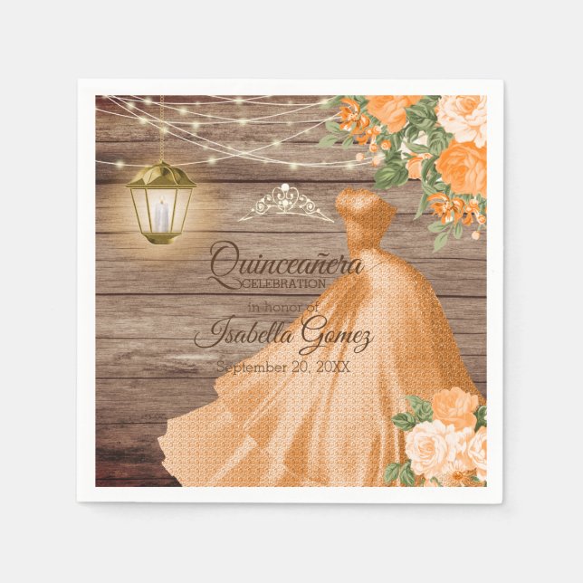 Quinceañera Wood and Orange Flowers Napkin (Front)