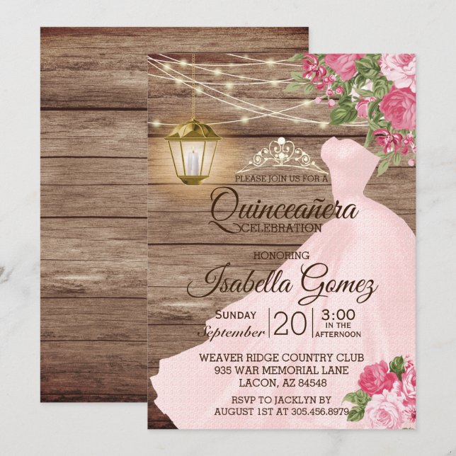 Quinceañera Wood and Pink Mauve Flowers Invitation (Front/Back)