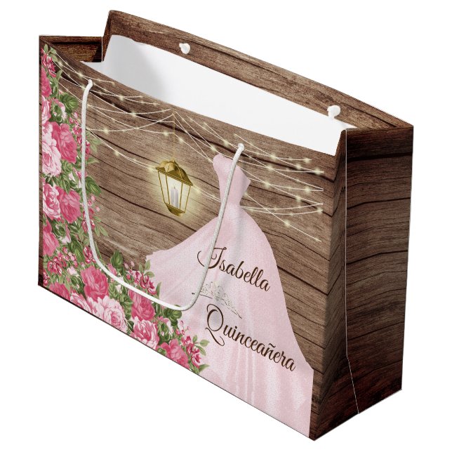 Quinceañera Wood and Pink Mauve Flowers Large Gift Bag (Front Angled)