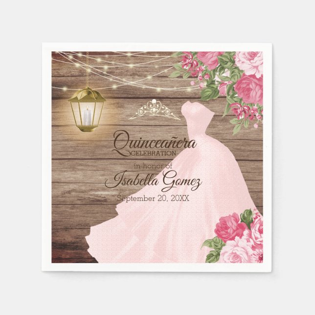 Quinceañera Wood and Pink Mauve Flowers Napkin (Front)