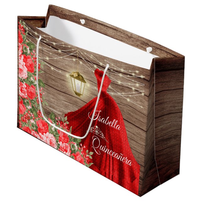 Quinceanera - Wood and Red Floral Large Gift Bag (Front Angled)