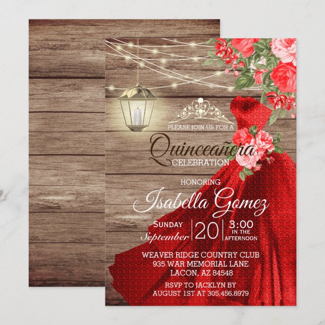 Quinceañera Wood and Red Flowers Invitation (Front/Back)