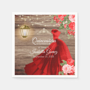 Quinceañera Wood and Red Flowers Napkin