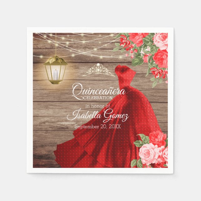 Quinceañera Wood and Red Flowers Napkin (Front)