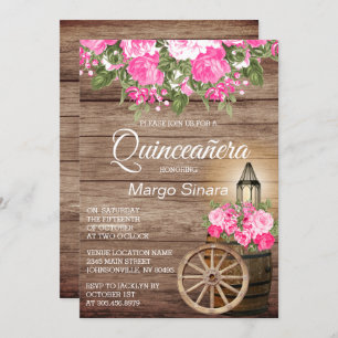 Quinceañera Wood Barrel and Pink Flowers Invitation