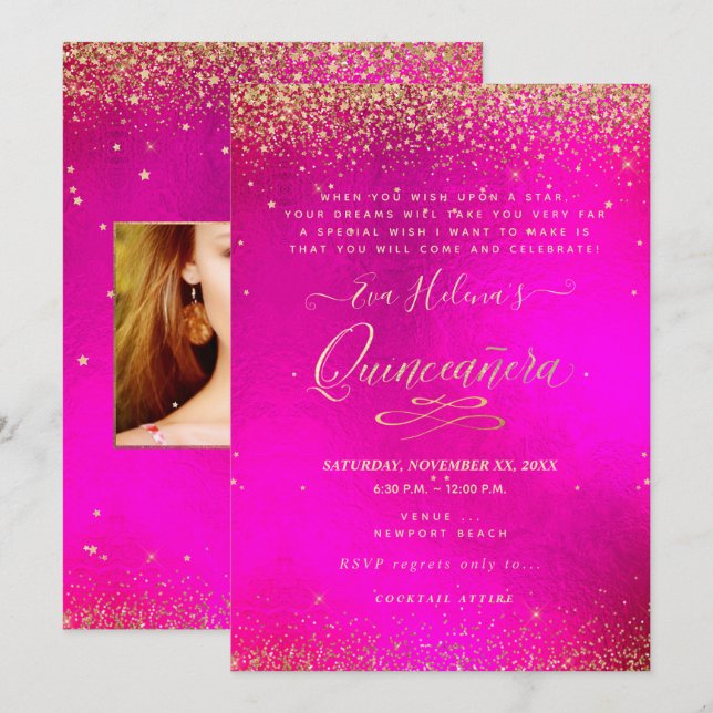 Quinceañera, Written in the Star, Hot PInk Invitation (Front/Back)