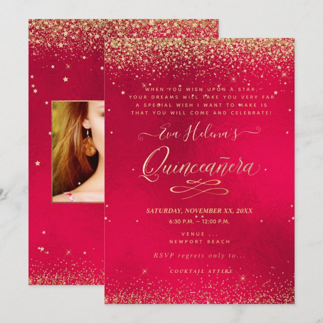 Quinceañera, Written in the Star, Red Velvet Invitation (Front/Back)
