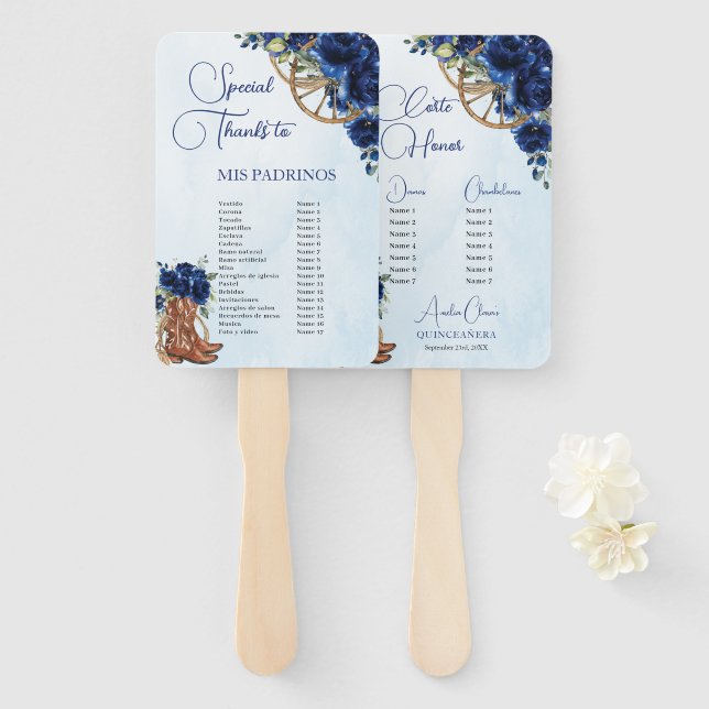 Quinceañera XV 15 Royal Blue Floral Charro Padrino Hand Fan (Front and Back)