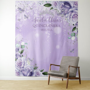 Quinceañera XV 16 Purple Floral Butterflies Photo Tapestry