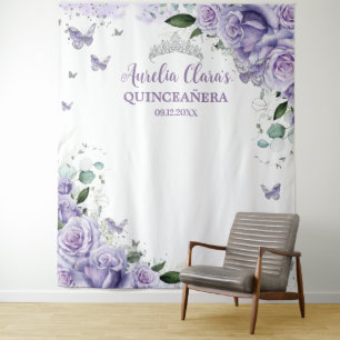 Quinceañera XV 16 Purple Roses Floral Butterflies  Tapestry