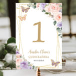 Quinceañera XV Birthday Blush Purple Lilac Floral Table Number<br><div class="desc">Personalise this lovely blush and purple lilac floral gold quinceañera / birthday party / bridal shower / baby shower / wedding table number card easily and quickly. Simply click the "Edit Using Design Tools" button to modify the text, wording, font style, font size, and font colour. The butterflies are moveable,...</div>