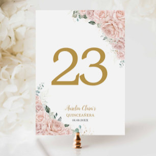 Quinceanera XV Blush Pink Roses Floral Gold Table Number