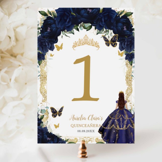Quinceañera XV Navy Blue Floral Gold Girl Dress  Table Number (Creator Uploaded)