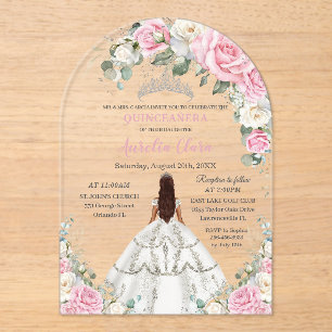 Quinceañera XV Pink White Floral Princess Silver Acrylic Invitations