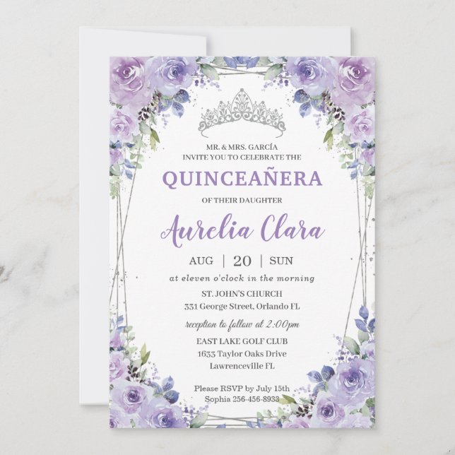 Quinceañera XV Purple Lilac Floral Silver Crown Invitation (Front)