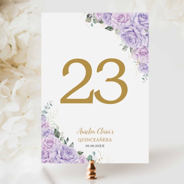 Quinceanera XV Purple Lilac Roses Floral Gold Table Number (Creator Uploaded)