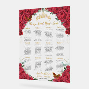 Quinceañera XV Red Roses Floral Gold Seating Seat  Acrylic Sign