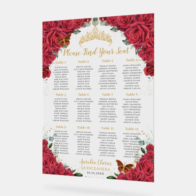 Quinceañera XV Red Roses Floral Gold Seating Seat  Acrylic Sign (Angle)