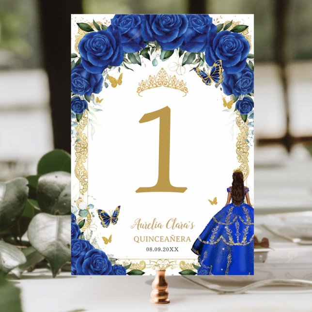 Quinceañera XV Royal Blue Floral Gold Girl Dress  Table Number (Creator Uploaded)