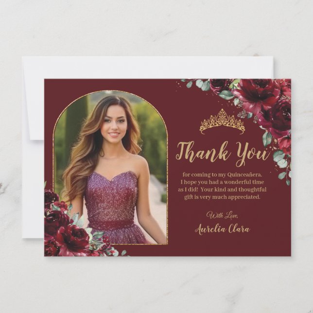 Quinceañera XV Sweet 16 Burgundy Floral Gold Photo Thank You Card (Front)
