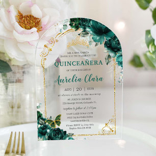 Quinceañera XV Sweet 16 Emerald Green Floral Arch Acrylic Invitations