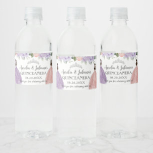 Quinceañera XV Sweet 16 Lilac Blush Floral Twins Water Bottle Label