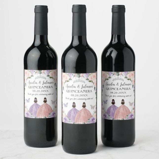 Quinceañera XV Sweet 16 Lilac Blush Floral Twins Wine Label (Bottles)