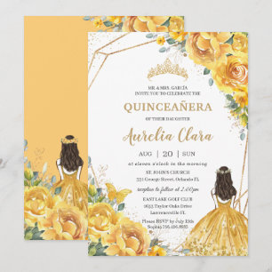 Quinceañera Yellow Floral Gold Princess 15 Anos In Invitation