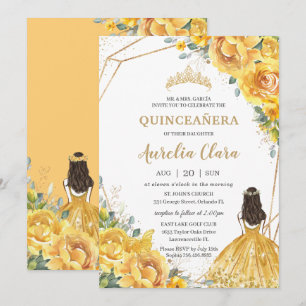 Quinceañera Yellow Floral Gold Princess 15 Anos Invitation