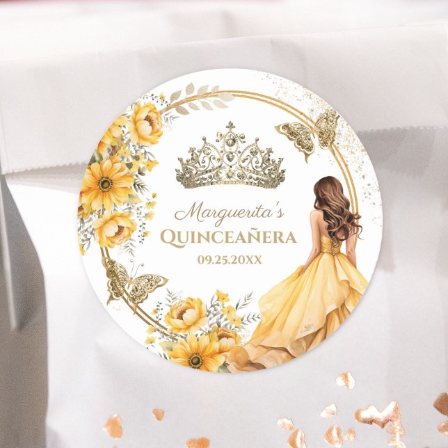 Quinceañera Yellow Floral Gold Tiara Butterfly Classic Round Sticker (Creator Uploaded)