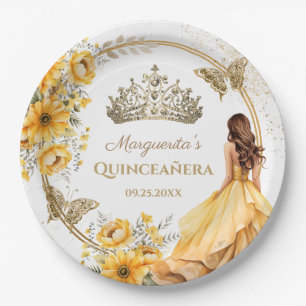 Quinceañera Yellow Floral Gold Tiara Butterfly Paper Plate