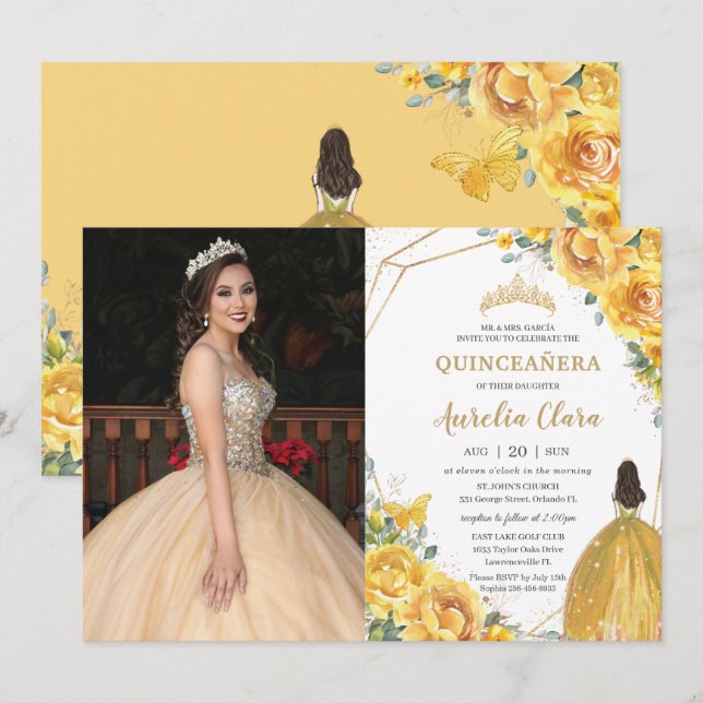 Quinceañera Yellow Floral Princess Crown Birthday  Invitation (Front/Back)