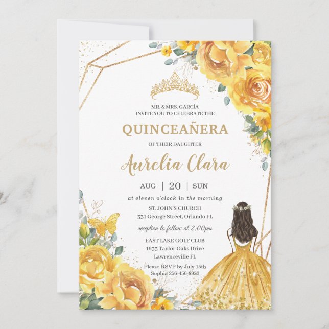 Quinceañera Yellow Floral Roses Princess Birthday Invitation (Front)
