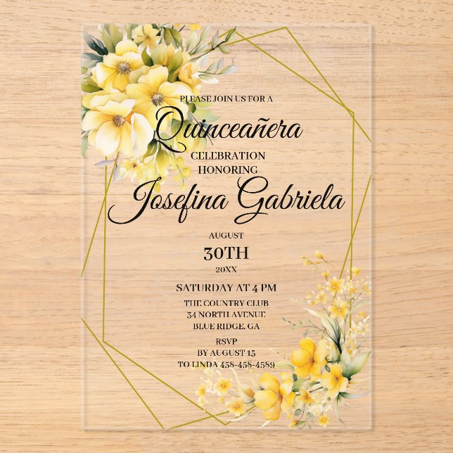 Quinceanera Yellow Gold Acrylic Invitations (Front)