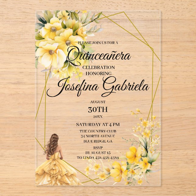 Quinceanera yellow gold acrylic invitations (Front)