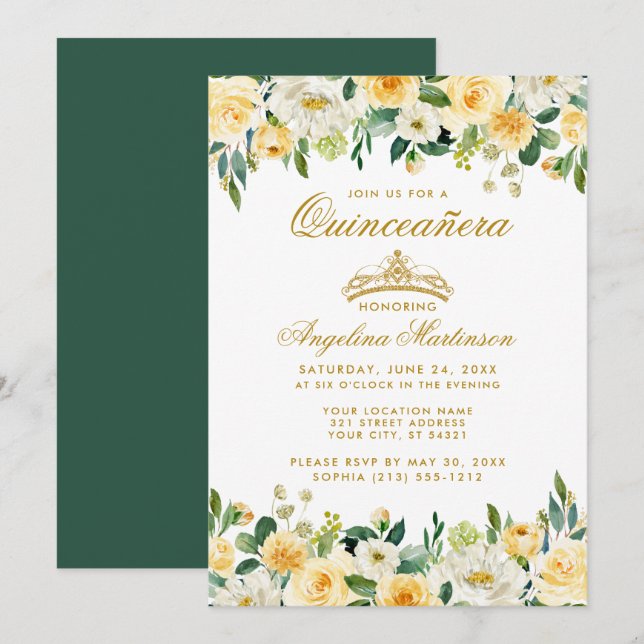 Quinceanera Yellow Gold Green Floral Crown Invite (Front/Back)