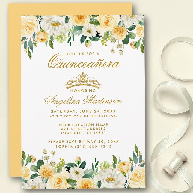 Quinceanera Yellow Gold White Floral Crown Invite (Customize to change text color, style, add text & photos to back or change color of back of card.)