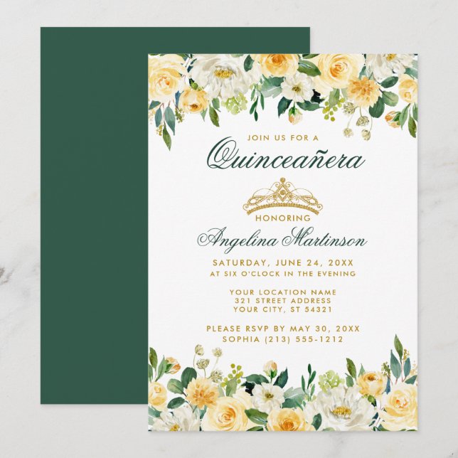 Quinceanera Yellow Green Floral Gold Crown Invite (Front/Back)