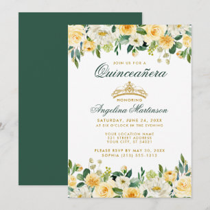 Quinceanera Yellow Green Floral Gold Crown Invite
