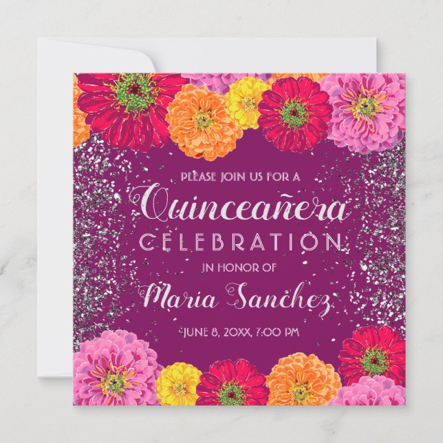 Quinceañera Zinnia Floral Glitter Purple Party Invitation (Front)