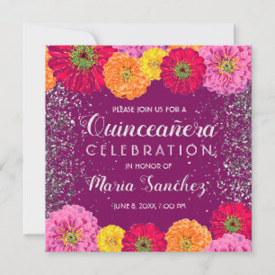 Quinceañera Zinnia Floral Glitter Purple Party Invitation